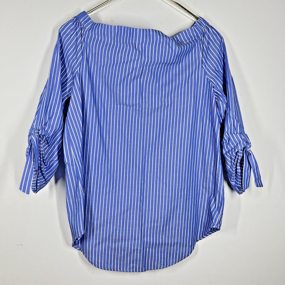 J. McLaughlin Natasha Blue White Striped Off Shoulder 100% Cotton Top Size Small - Picture 2 of 9